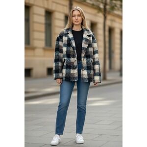Knox Rose Women Brown Ivory Plaid Faux Fur Sherpa Jacket Shawl Collar Small